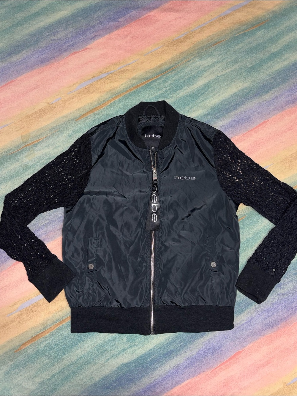 Bebe Black Lace Zip Up Sleeve Bomber Jacket With Pockets size S